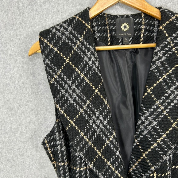 Amber Sun Belted Vest Black Gray Plaid Tweed Sleeveless Tie Waist Blazer Size XL - Picture 4 of 14